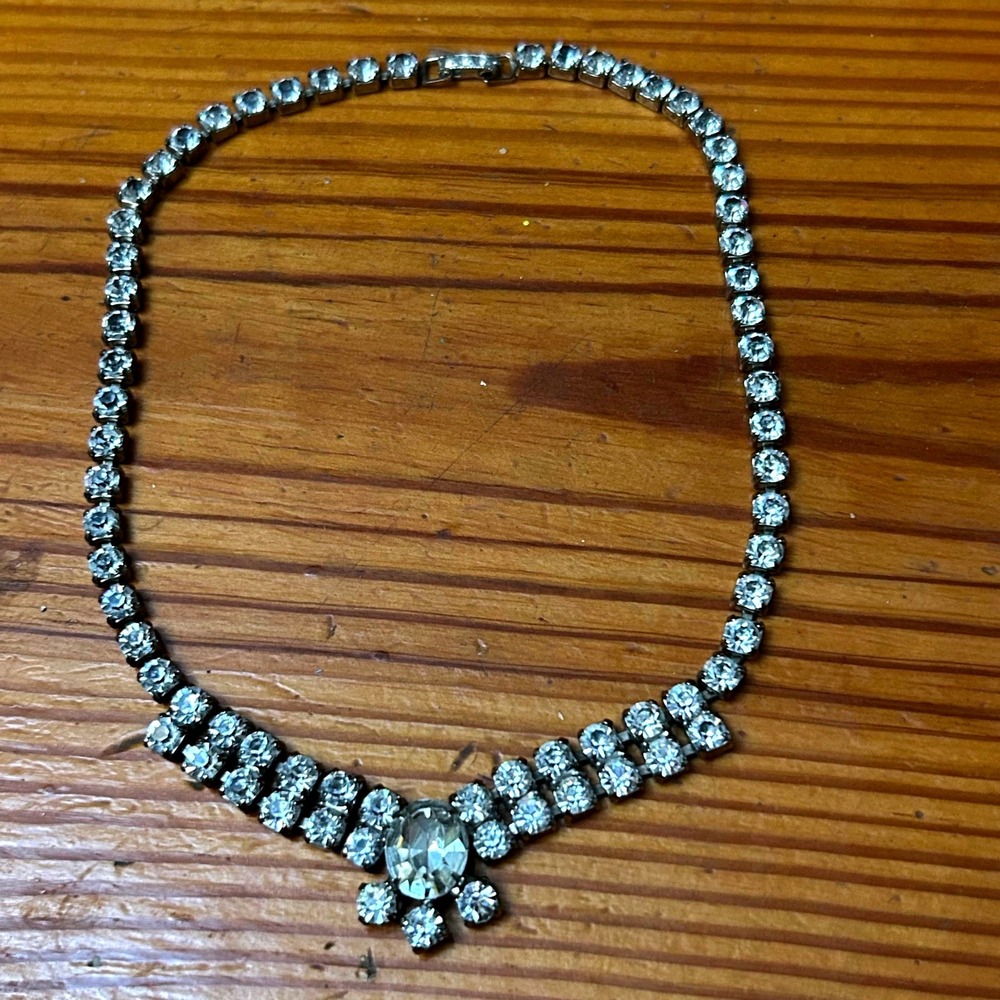 Vintage Silver Tone Rhinestone Choker Necklace Oval Crystal Tiered Bib 15 Inch